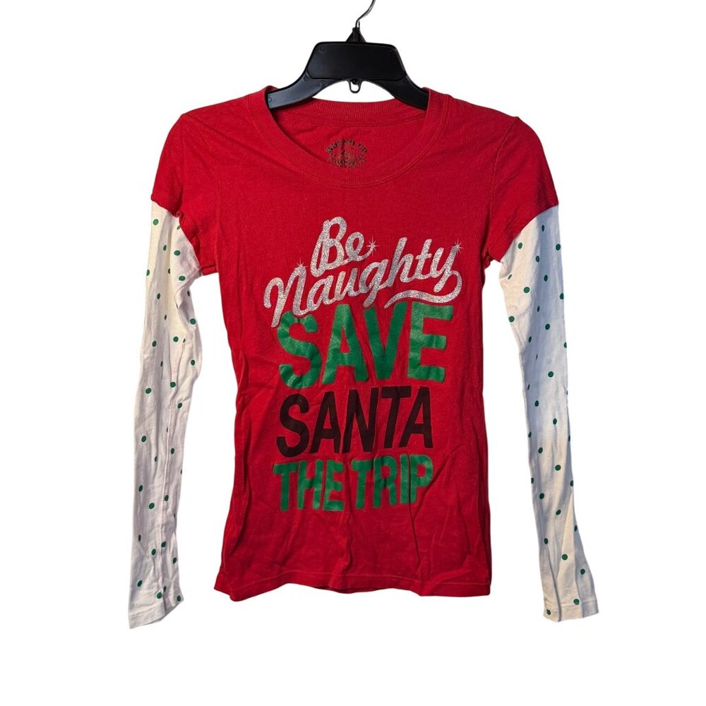 Wound Up Womens Small Christmas Long Sleeve Shirt Funny “Be Naughty” Holiday Tee